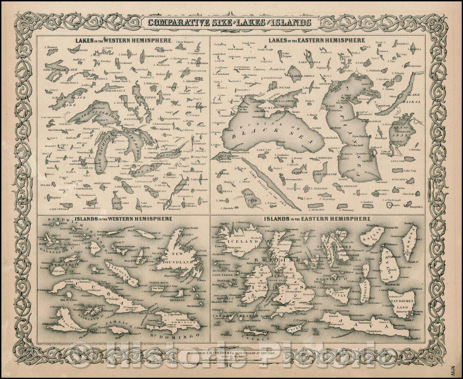 Historic Map - Comparative Size of Lakes and Islands [Great Lakes, Cuba, Formosa, Ireland, Sicily, Cyprus, Vancouver, Sandwich Islands, Puerto Rico, Corsica, 1855 v1