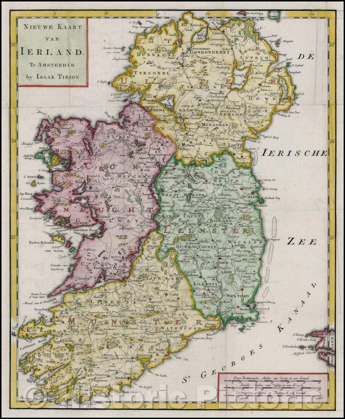 Historic Map - Nieuwe Kaart Van Ierland/Map of Ireland, hand colored by counties, 1754, Isaak Tirion - Vintage Wall Art