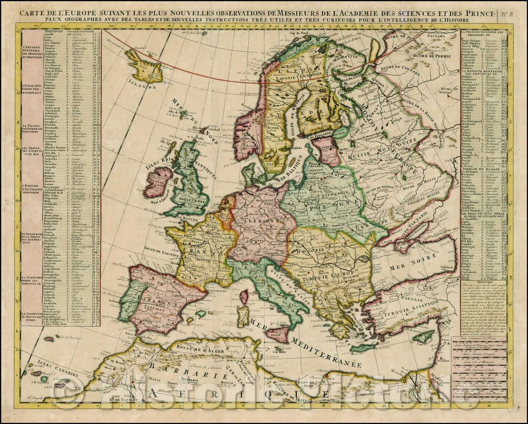 Historic Map - L'Europe Suivant Les Plus Nouvelles Observations De Messieurs De :: Card Europe Next Comments More News From Gentlemen Of The Academy Of Scienc, 1720 - Vintage Wall Art