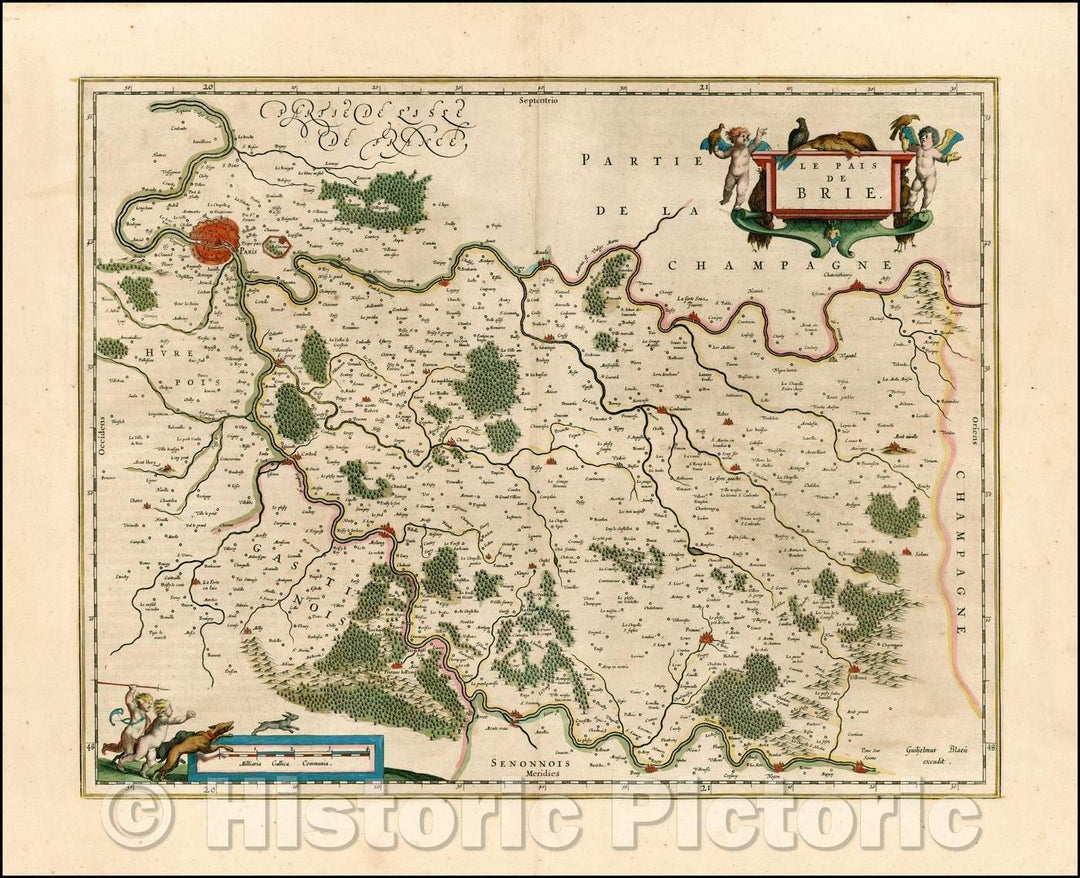 Historic Map - Le Pais De Brie/Blaeu's Map of the Brie Region, including Paris.< / p>, 1640, Willem Janszoon Blaeu - Vintage Wall Art