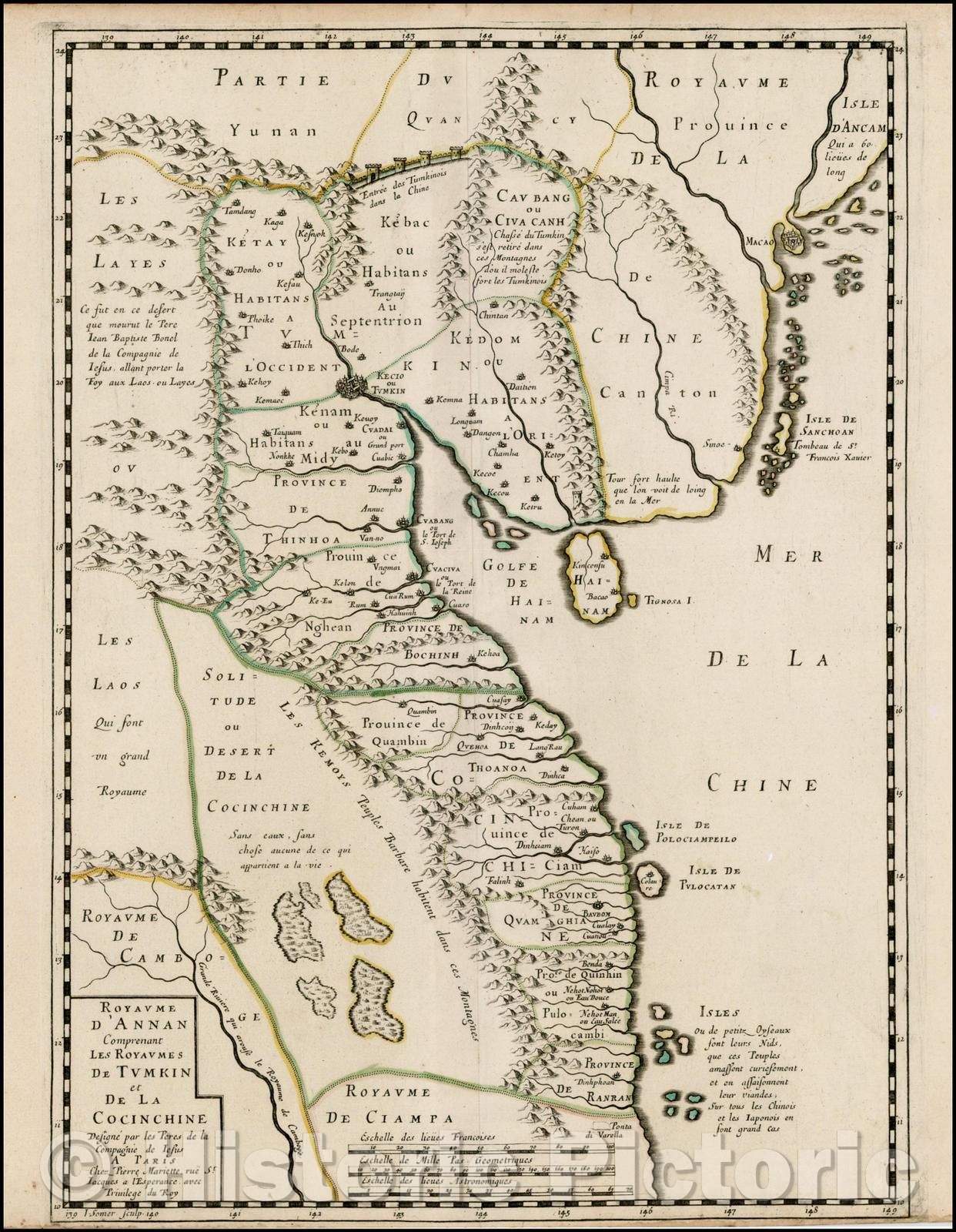 Historic Map - Royaume d'Annan Comprenant les Royaumes de Tumkin et de la Cocinchine Designe/Map of the Region from Macao/Hong Kong to Cambodia, 1650 - Vintage Wall Art