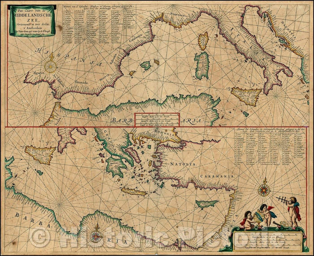 Historic Map - Pas-Caart van de Middelandsche Zee, vertoonende in Twee deelen/Goos Chart of the Mediterranean, heightened in Gold, 1650, Pieter Goos - Vintage Wall Art