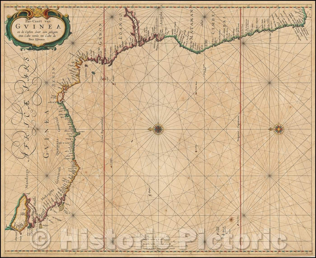 Historic Map - Pas-Caart van Guinea en de Custen daer aen gelegen Van Cabo verde tot Cabo de Bona Esperanca :: Chart of the west coast of Africa,Guinea Coast, 1650 - Vintage Wall Art