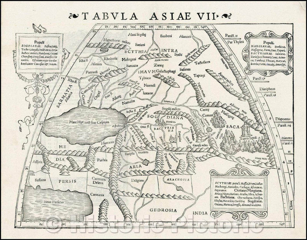 Historic Map - Tabula Asiae VII [Central Asia and Russia] / Map of the Caspian and Regions to the east, north and south, 1542, Sebastian M?nster - Vintage Wall Art