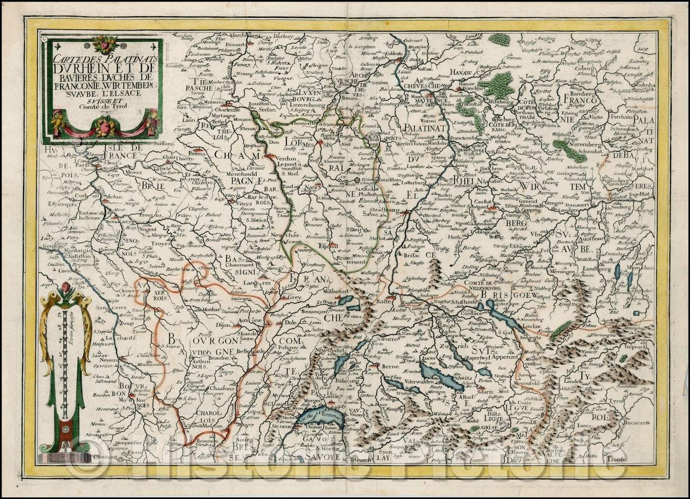 Historic Map - Carte Des Palatinats Du Rhein Et De Bavieres: Duches De Franconie, Wirtemberg, Suaube/Map of Switzerland and Southern Germany, 1600 - Vintage Wall Art