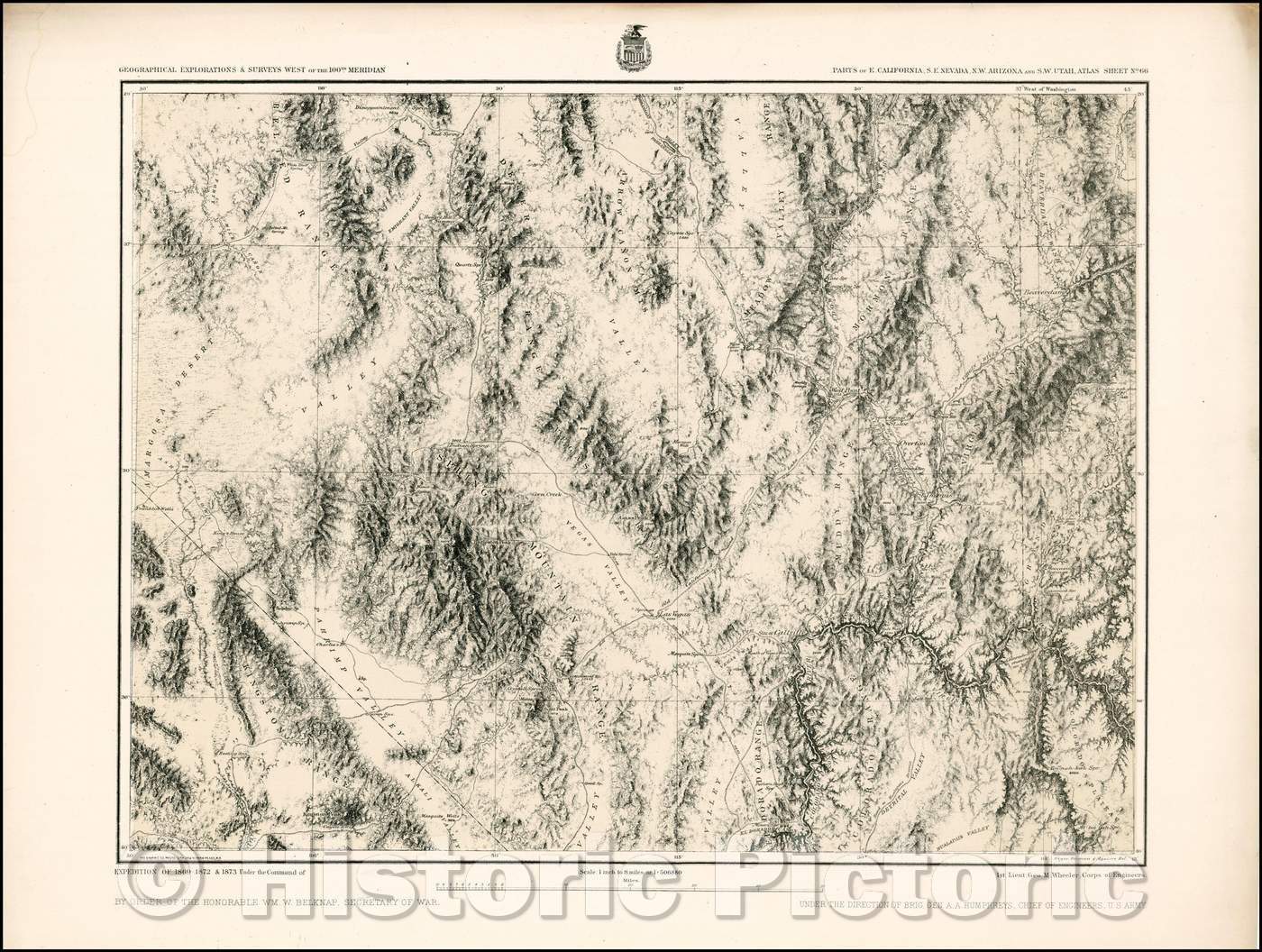 Historic Map - Parts of E. California and S. E. Nevada, N.W. Arizona and S.W. Utah, Atlas Sheet No. 66 (Las Vegas), 1877, George M. Wheeler - Vintage Wall Art