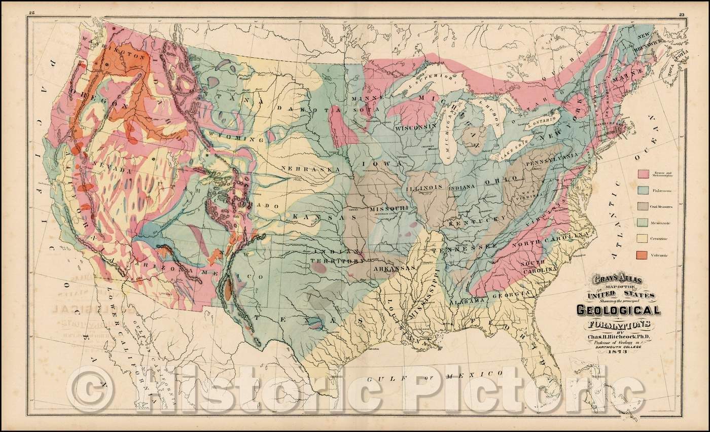 Historic Map - Gray's Map of the United States Showing the Principal Geological Formations, 1873, O.W. Gray & Son v1