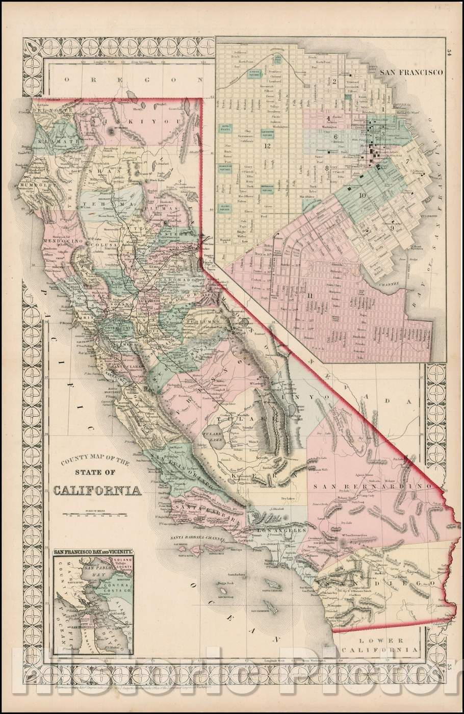 Historic Map - County Map of the State of California (Rare Ziegler & McCurdy edition), 1874, Samuel Augustus Mitchell Jr. - Vintage Wall Art