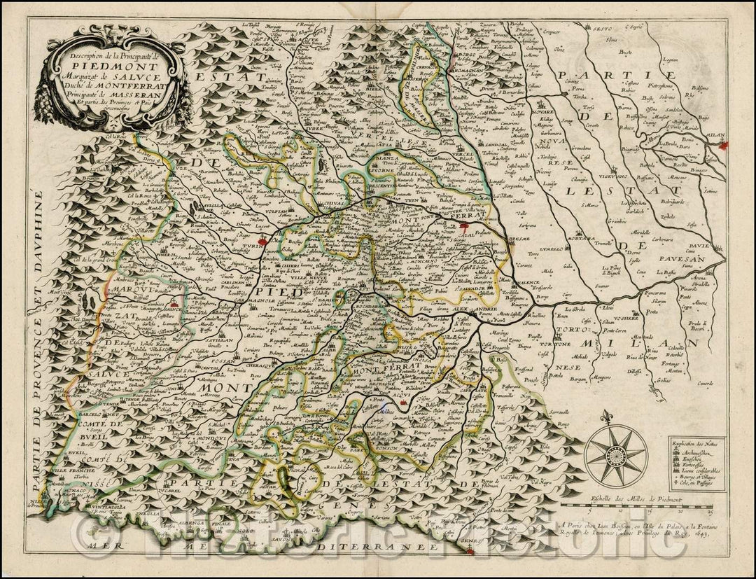 Historic Map - Description de la Principaute de Piedmont Marquizat de Salvace Duche de Montferrat/Map of northwestern Italy, centered on Turin, 1643 - Vintage Wall Art