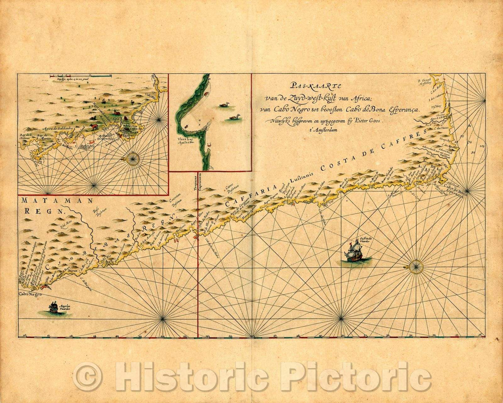 Historic Map - Pas-Kaarte Van de Zuyd-west-kust van Africa/Sea Chart of the South African coast extends from Cape Negro to The Cape of Good Hope, 1660 - Vintage Wall Art