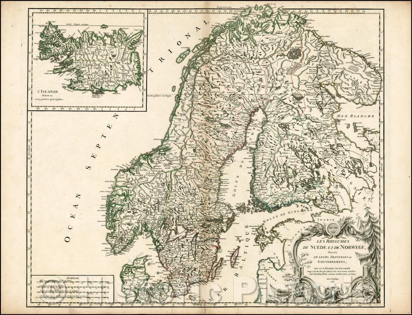 Historic Map - Les Royaumes de Suede et de Norwege, Divises en leurs Provinces ou Gouvernemens .1766 / Map of Scandinavia, inset of Iceland, 1766 - Vintage Wall Art