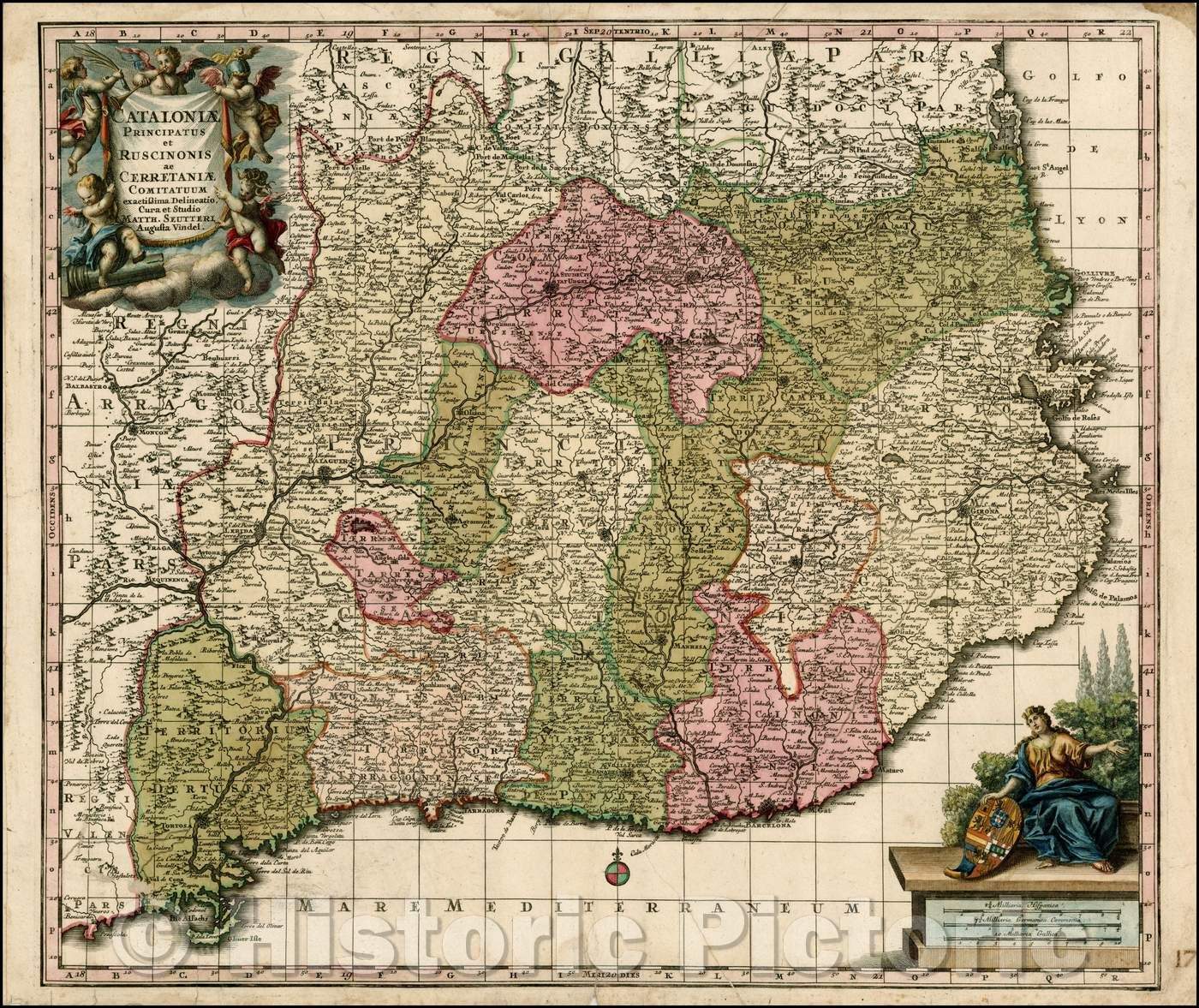 Historic Map - Cataloniae Principatus et Ruscinonis ac Cerretaniae Comitatuum exactissima/Suetter's Map of Catalunya, 1730, Matthaus Seutter - Vintage Wall Art