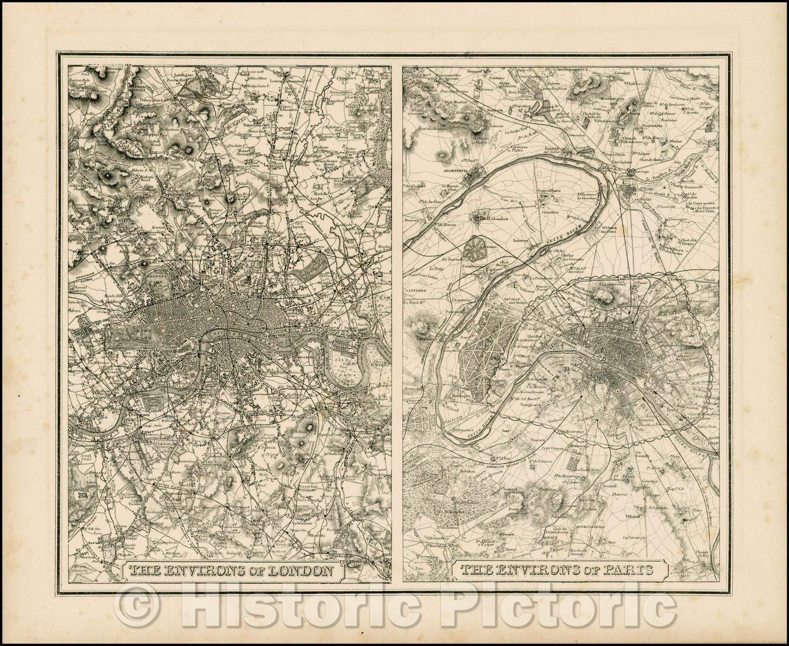 Historic Map - The Environs of London [and] The Environs of Paris, 1864, Joseph Hutchins Colton - Vintage Wall Art