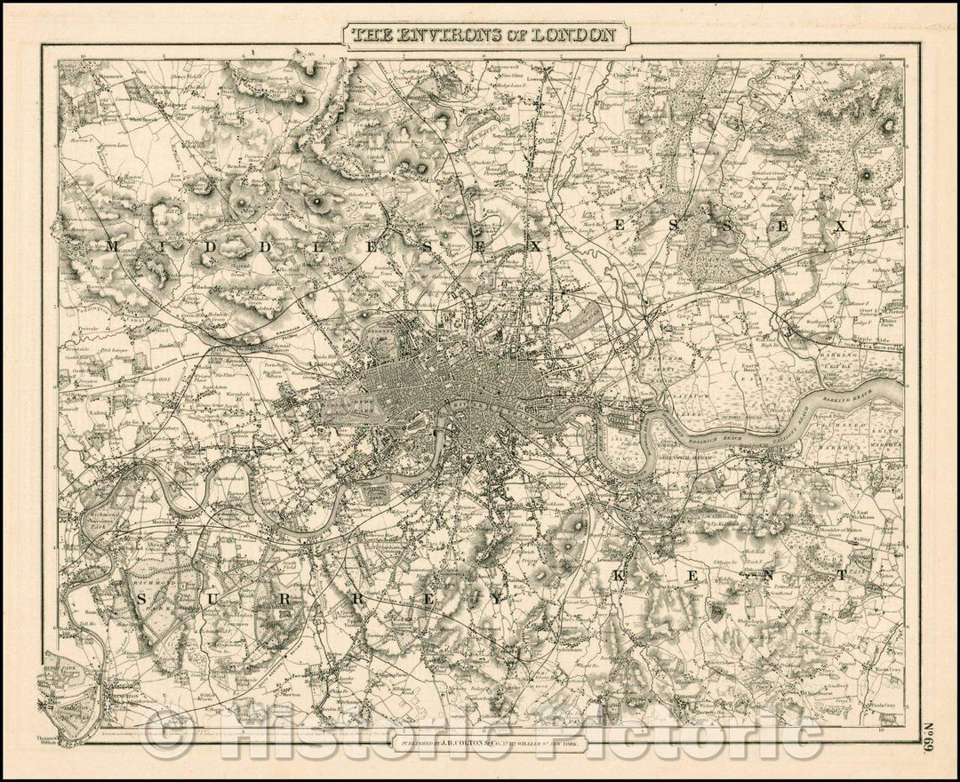 Historic Map - The Environs of London, 1864, Joseph Hutchins Colton - Vintage Wall Art