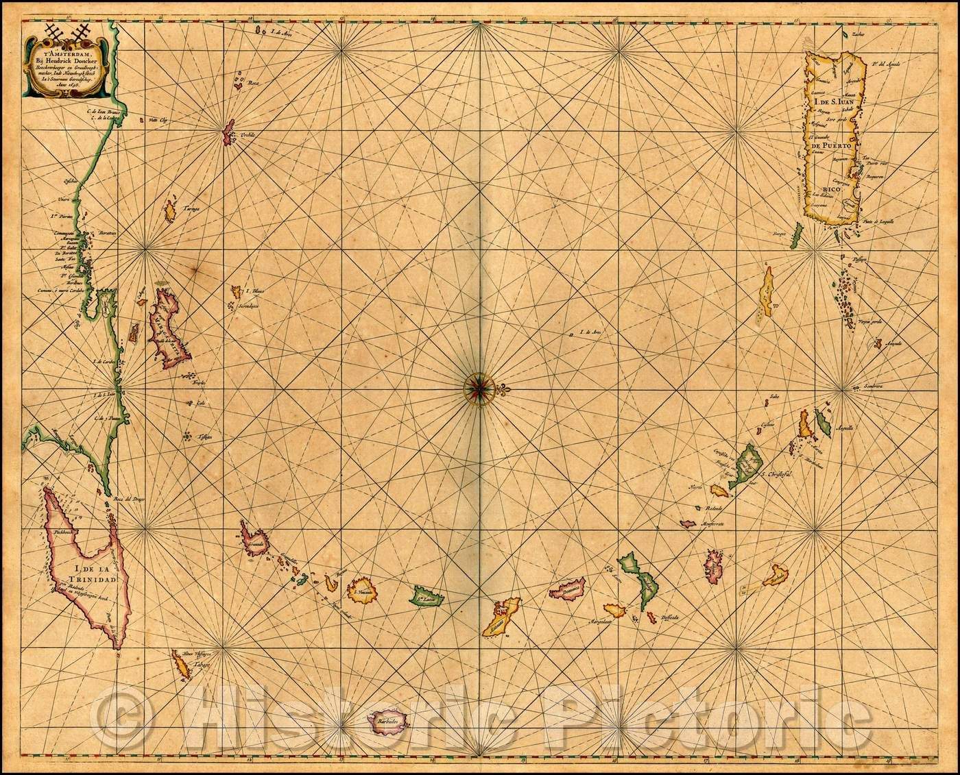 Historic Map - Antilles (Puerto Rico to Trinidad and Venezuelan Coastline), 1658, Henrdick Doncker - Vintage Wall Art