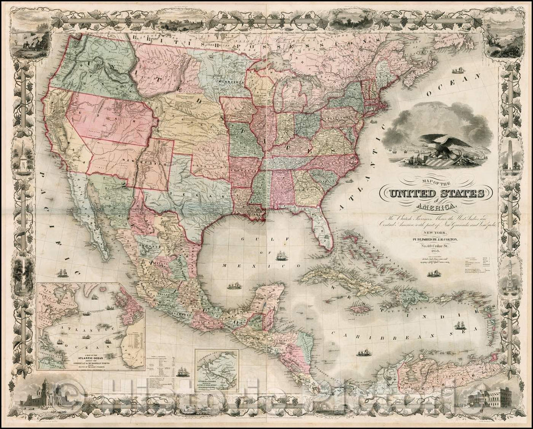 Historic Map - Colton's Map of the United States of America, The British Provinces, Mexico, The West Indies and Central America, 1854, Joseph Hutchins Colton - Vintage Wall Art