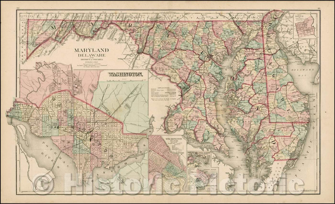 Historic Map - Maryland & Delaware and the District of Columbia [large Washington inset], 1876, Frank A. Gray - Vintage Wall Art