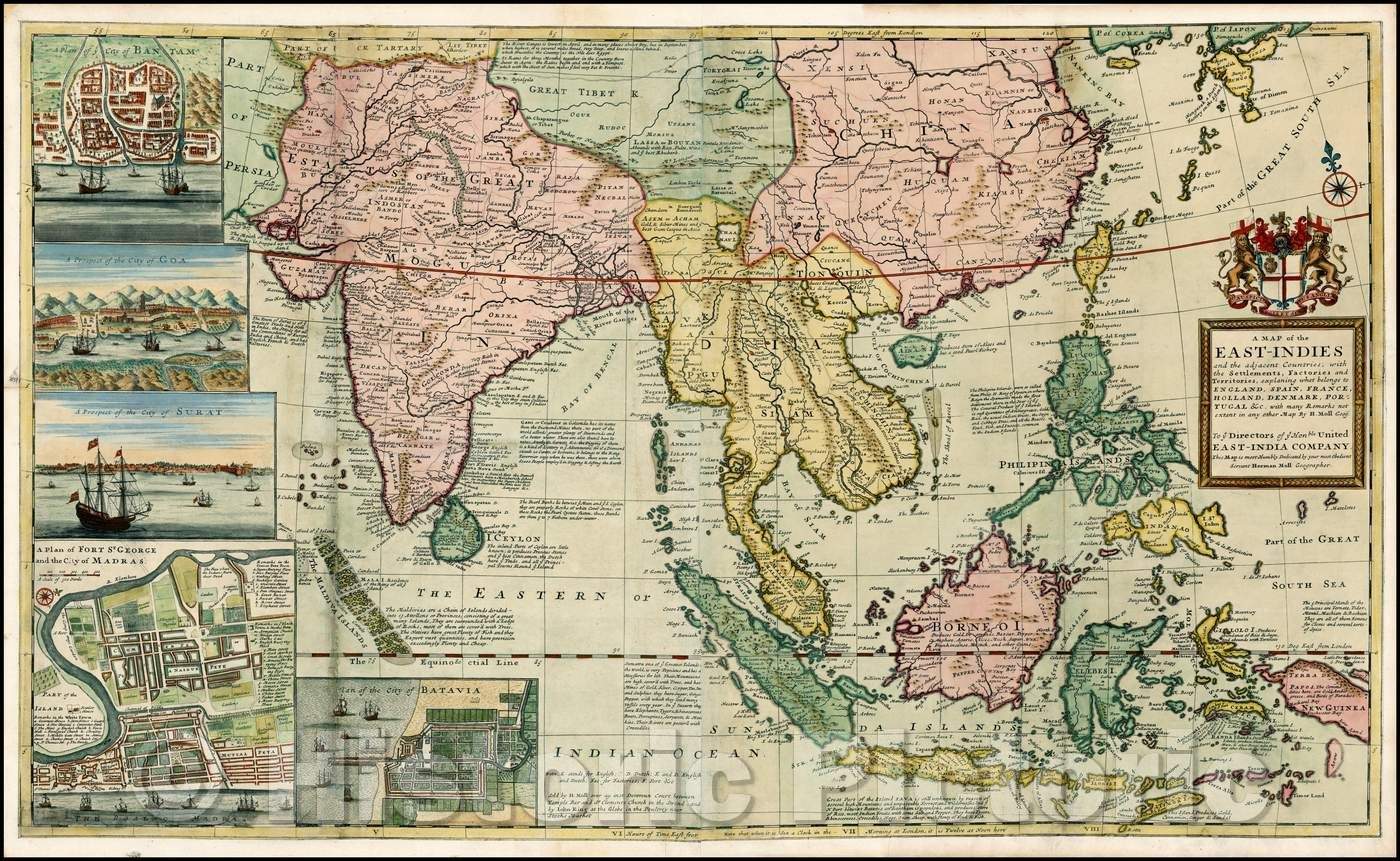 Historic Map - East-Indies and the Adjacent Countries; with the Settlements, Factories and Territories, explaining what Belongs to England, Spain, Franc, 1719 v2