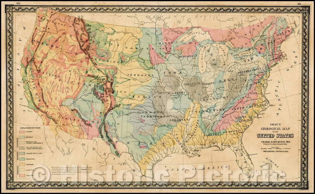 Historic Map - Gray's Geological Map of the United States, 1873, O.W. Gray & Son - Vintage Wall Art