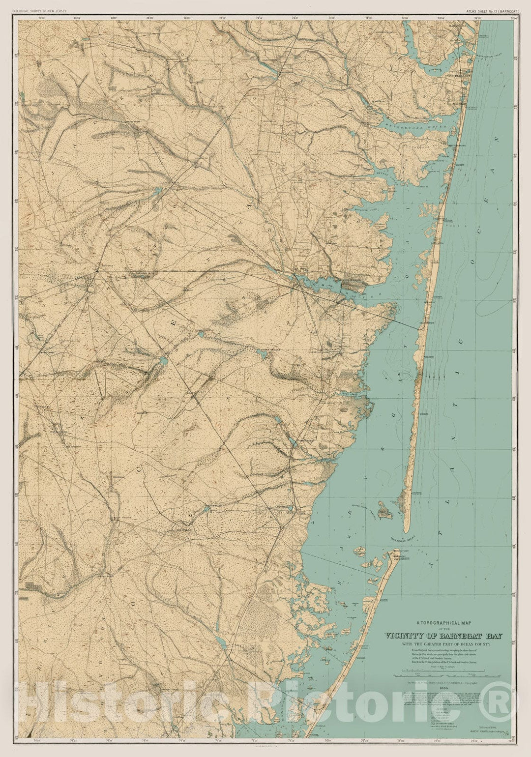 Historic Map - A Topographical Map of the Vicinity of Barnegat Bay with hte Greater Part of Ocean County, 1886, Geological Survey of New Jersey - Vintage Wall Art