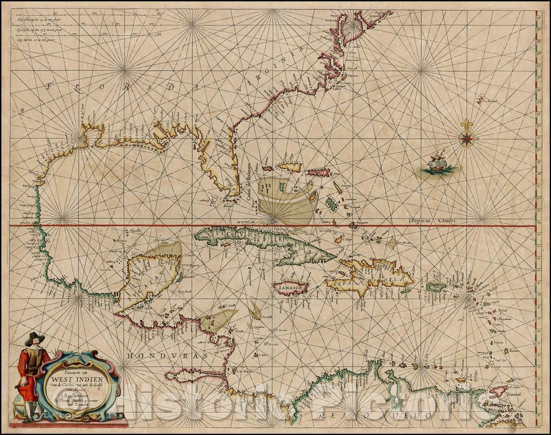 Historic Map - Pascaerte van West Indien van de Caribes tot aen de Golfo van Mexico :: Florida, the Gulf Coast, Caribbean, Central America and Delaware River, 1650 - Vintage Wall Art