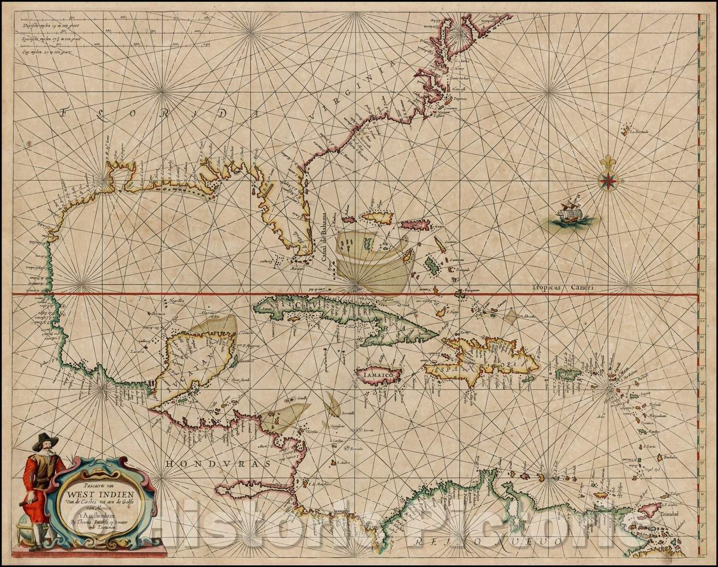 Historic Map - Pascaerte van West Indien van de Caribes tot aen de Golfo van Mexico :: Florida, the Gulf Coast, Caribbean, Central America and Delaware River, 1650 - Vintage Wall Art