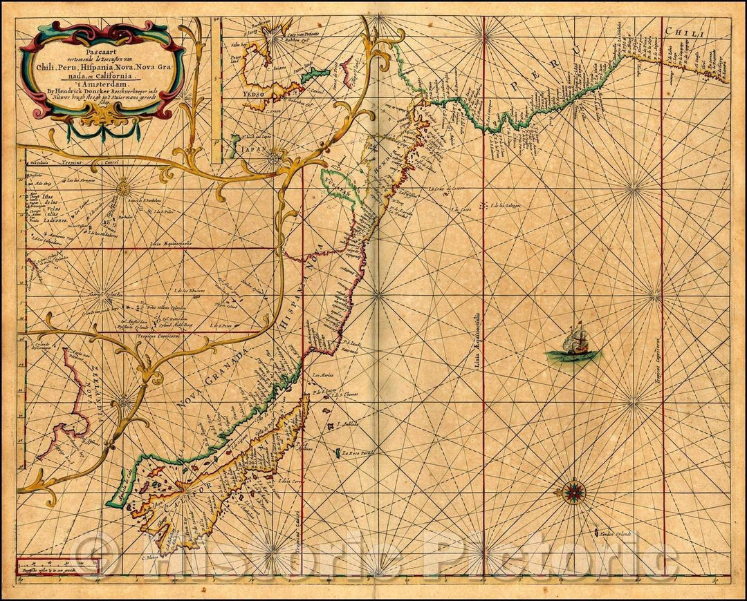 Historic Map - Pascaart vertoonende de zeecusten van Chili, Peru, Hispani/Sea Chart, West Coast of the Pacific Ocean, Island of California to Chili etc, 1660 v2