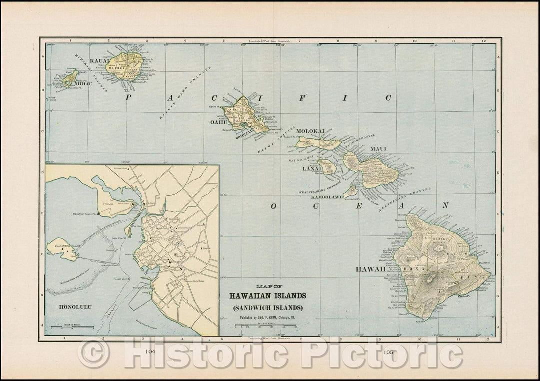 Historic Map - Map of Hawaiian Islands (Sandwich Islands) (with large Honolulu Inset), 1900, George F. Cram - Vintage Wall Art