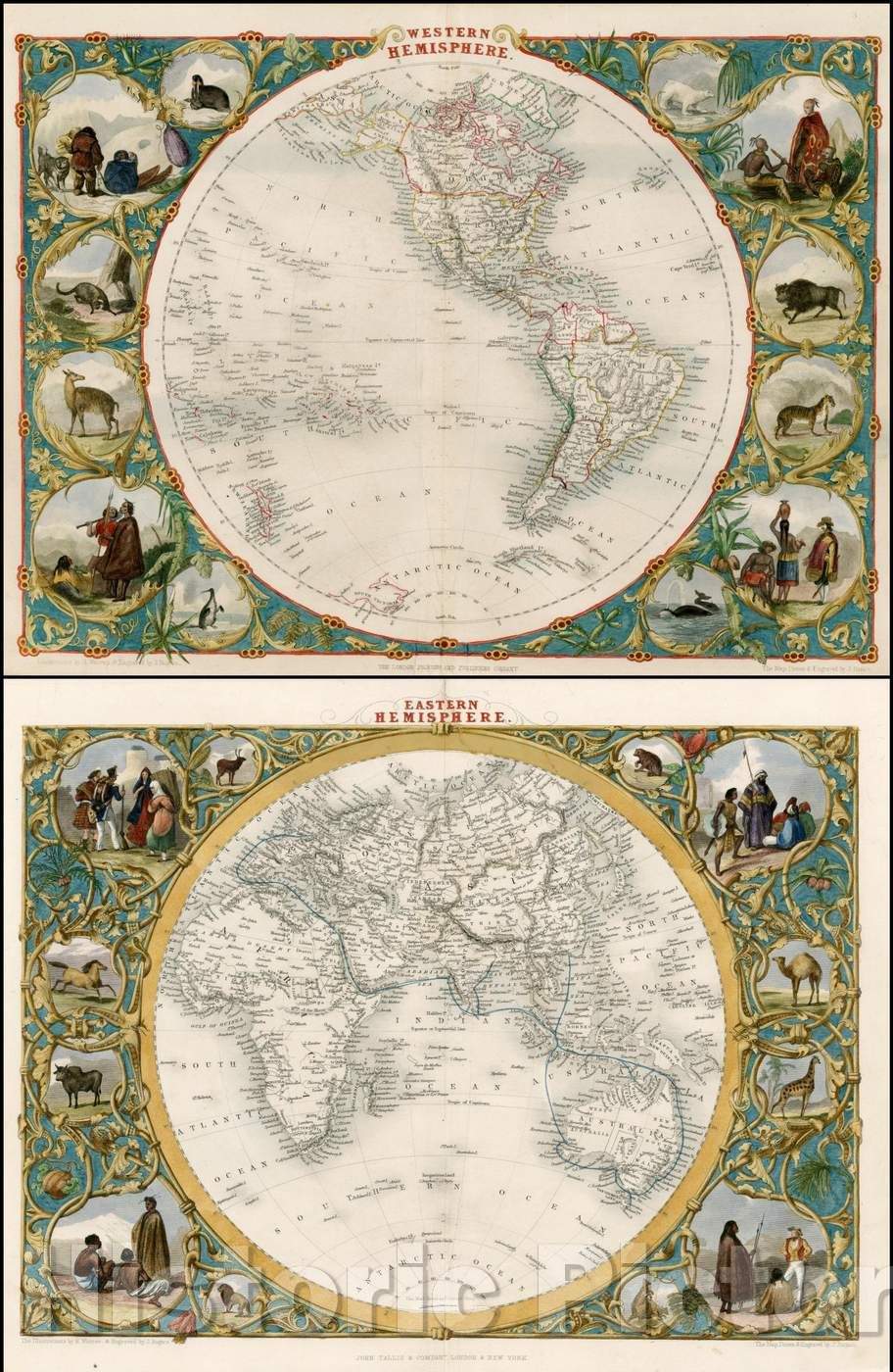 Historic Map - Western Hemisphere and Eastern Hemisphere, 1851, John Tallis v1