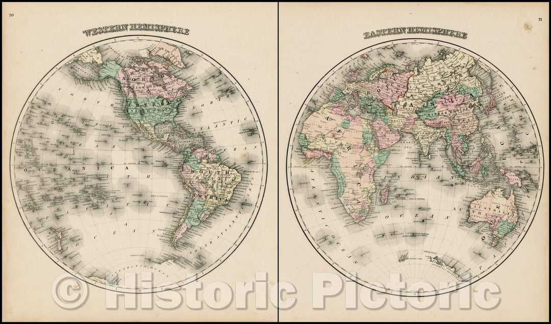 Historic Map - Eastern Hemisphere [with] Western Hemisphere, 1875, O.W. Gray - Vintage Wall Art