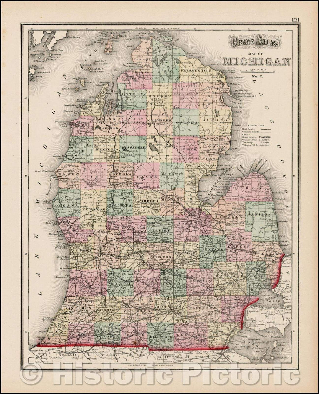 Historic Map - Gray's Atlas Map of Michigan, 1875, O.W. Gray - Vintage Wall Art