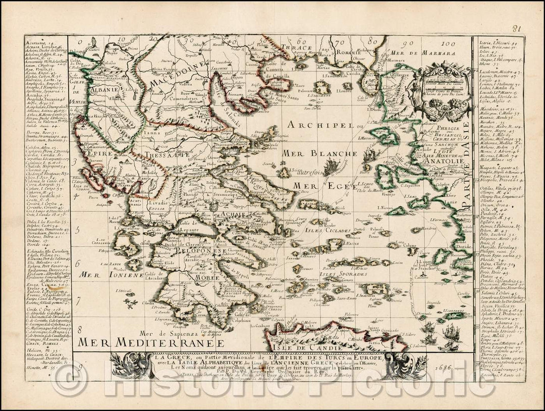 Historic Map - La Grece, ou Partie Meridionale de L'Empire De Turcs en Europe, avec La Table Alphabetique, 1686, Pierre Du Val v2