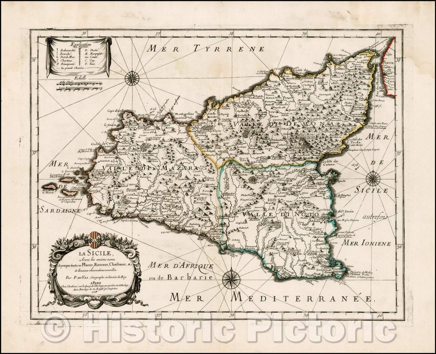 Historic Map - La Sicile avec les Anciens noms de presque toutes ses Places, Rivieres,Chasteaux, c/Map of Sicily, engraved in Paris by Du Val, 1675 - Vintage Wall Art