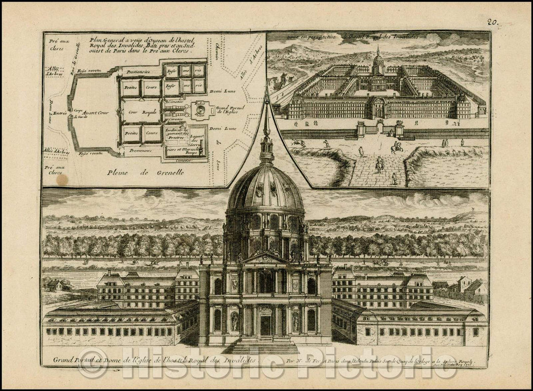 Historic Map - Grand Portrail etDome de l'Eglise de L'hostel Royal des Invalides/View and two smaller Plans showing Hostel de Invalides, 1705, Nicolas de Fer - Vintage Wall Art