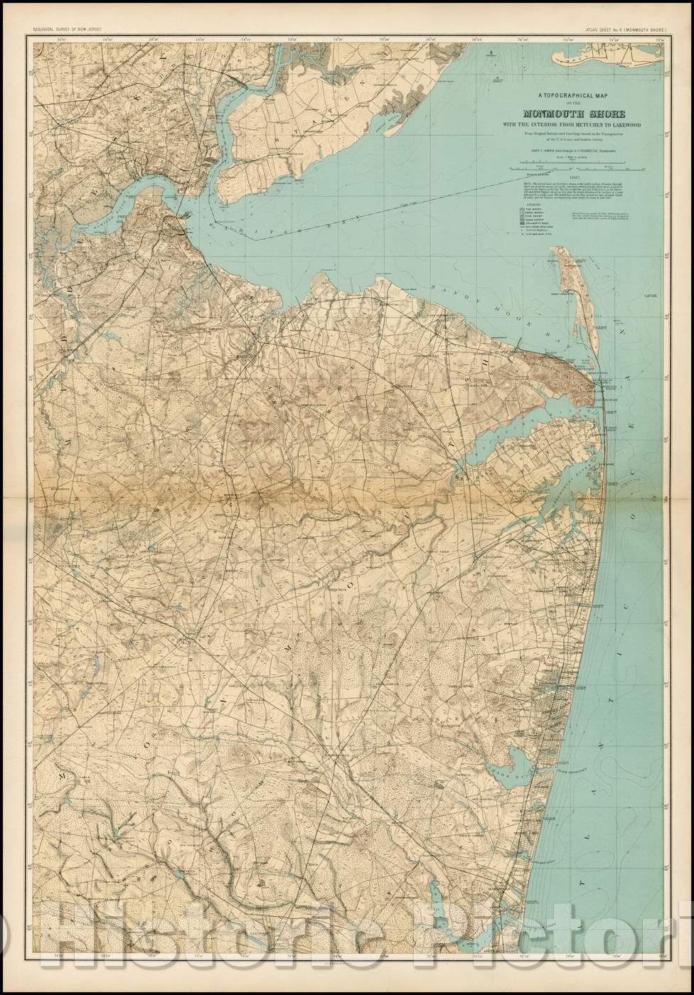 Historic Map - A Topographical Map of the Monmouth Shore with the Interion From Metcuchen To Lakewood, 1897, Geological Survey of New Jersey - Vintage Wall Art