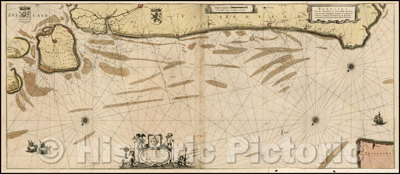 Historic Map - Paskaart Van de Zeeusche en Vlaemsche Kusten tonende all drooghten / 2 sheet Sea Chart of the Zeeland and Flemish coast, over in England, 1660 - Vintage Wall Art