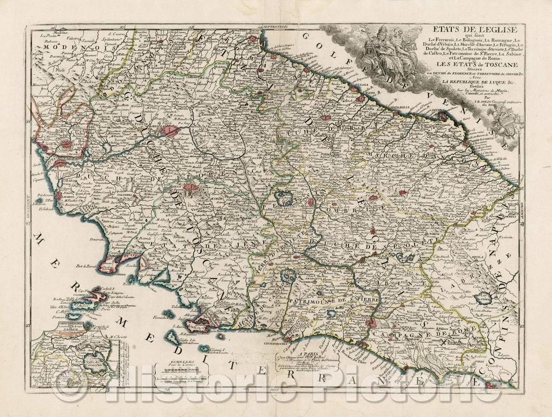 Historic Map - Etats De L'Eglise/Regional Map of Italy, including Rome, Pisa, Cremona, Verona etc, 1742, Jean-Baptiste Nolin - Vintage Wall Art