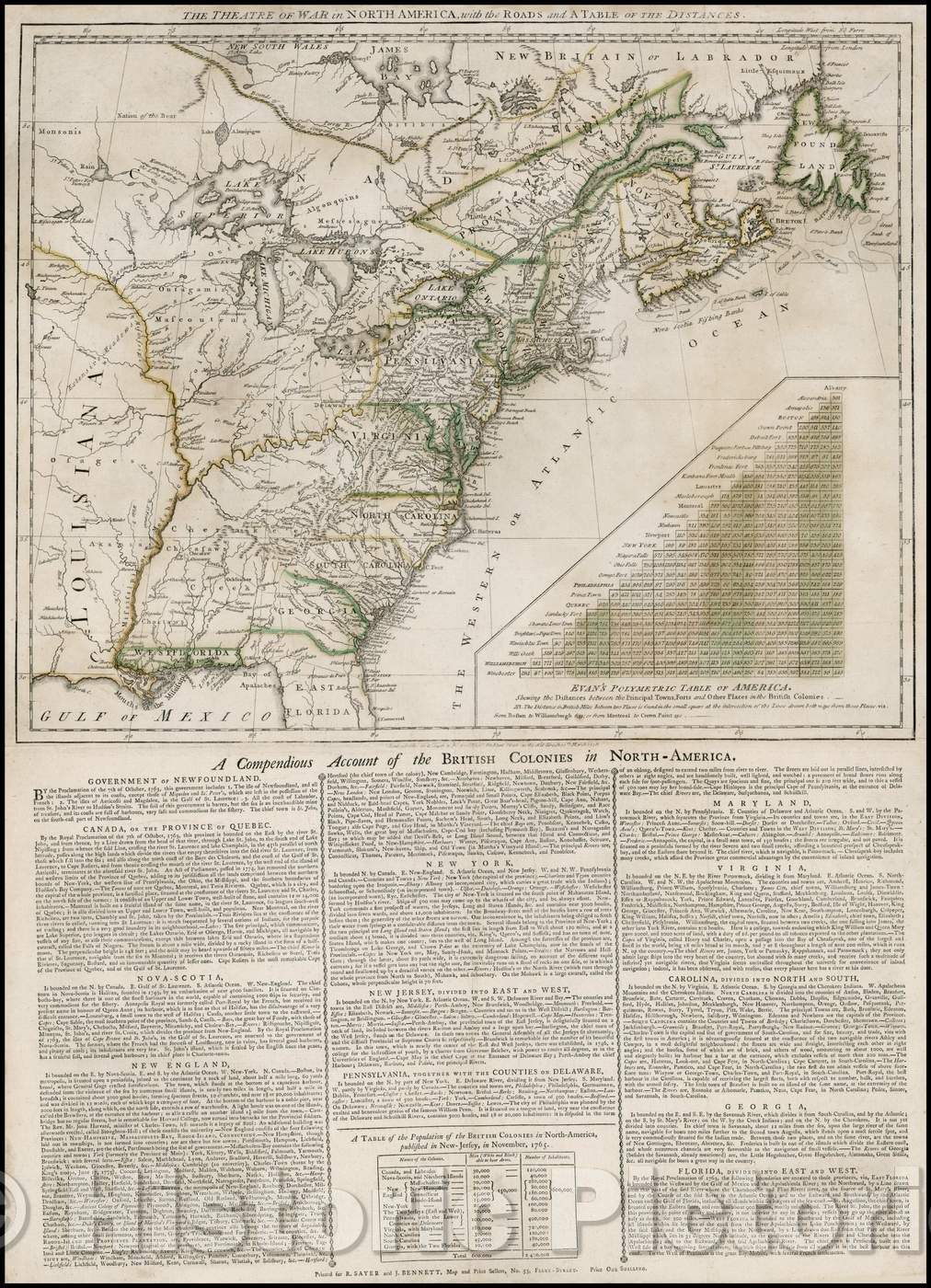 Historic Map - The Theatre of War in North America, with the Roads and a Table of the Distances, 1776, Robert Sayer - Vintage Wall Art