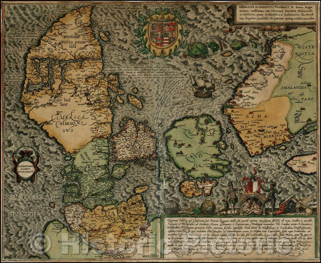 Historic Map - Danorum Marca, vel Cimbricum, aut Daniae Regnum ./Danish mark or Cimbricum or the Kingdom of Denmark, 1588, Georg Braun - Vintage Wall Art