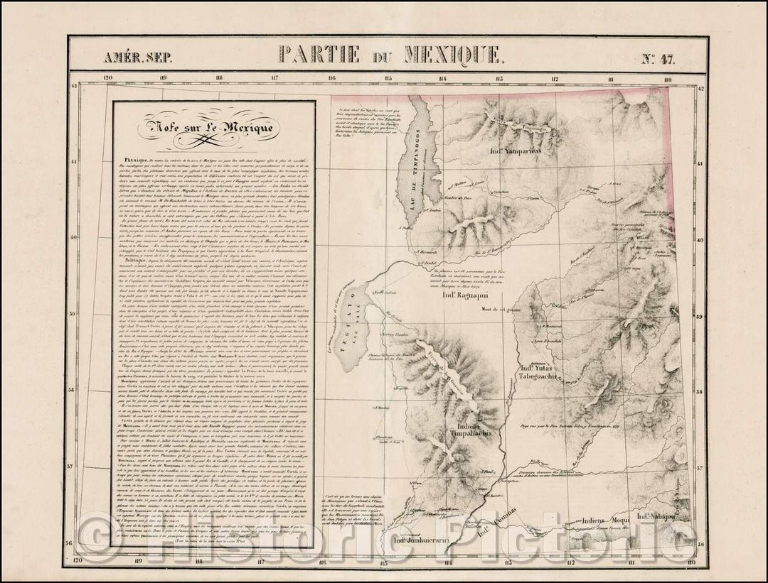 Historic Map - Amer. Sep. No. 47. Partie Du M :: Region from Lake Timpangos, Lake Teguayo and Rio de los Piramides Sulfareas, Colorado and Wyoming, 1827 - Vintage Wall Art