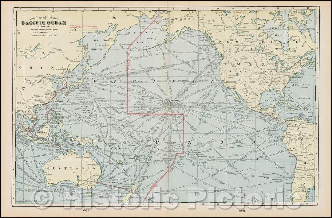 Historic Map :  Map of the Pacific Ocean Showing Distances Between Principal Pacific and the International Date Line : Vintage Wall Art