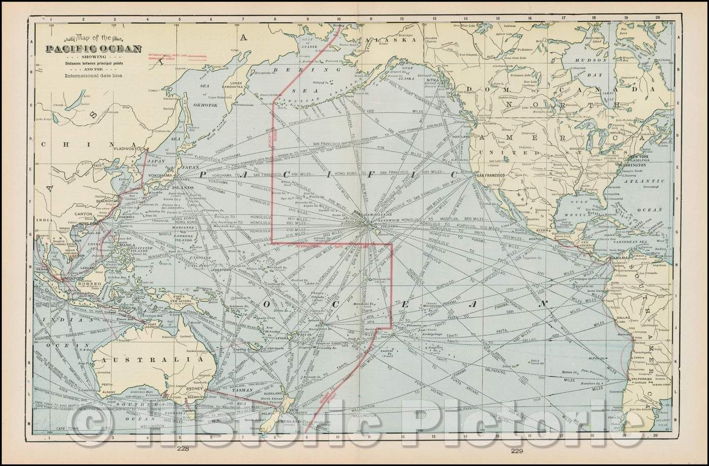 Historic Map :  Map of the Pacific Ocean Showing Distances Between Principal Pacific and the International Date Line : Vintage Wall Art