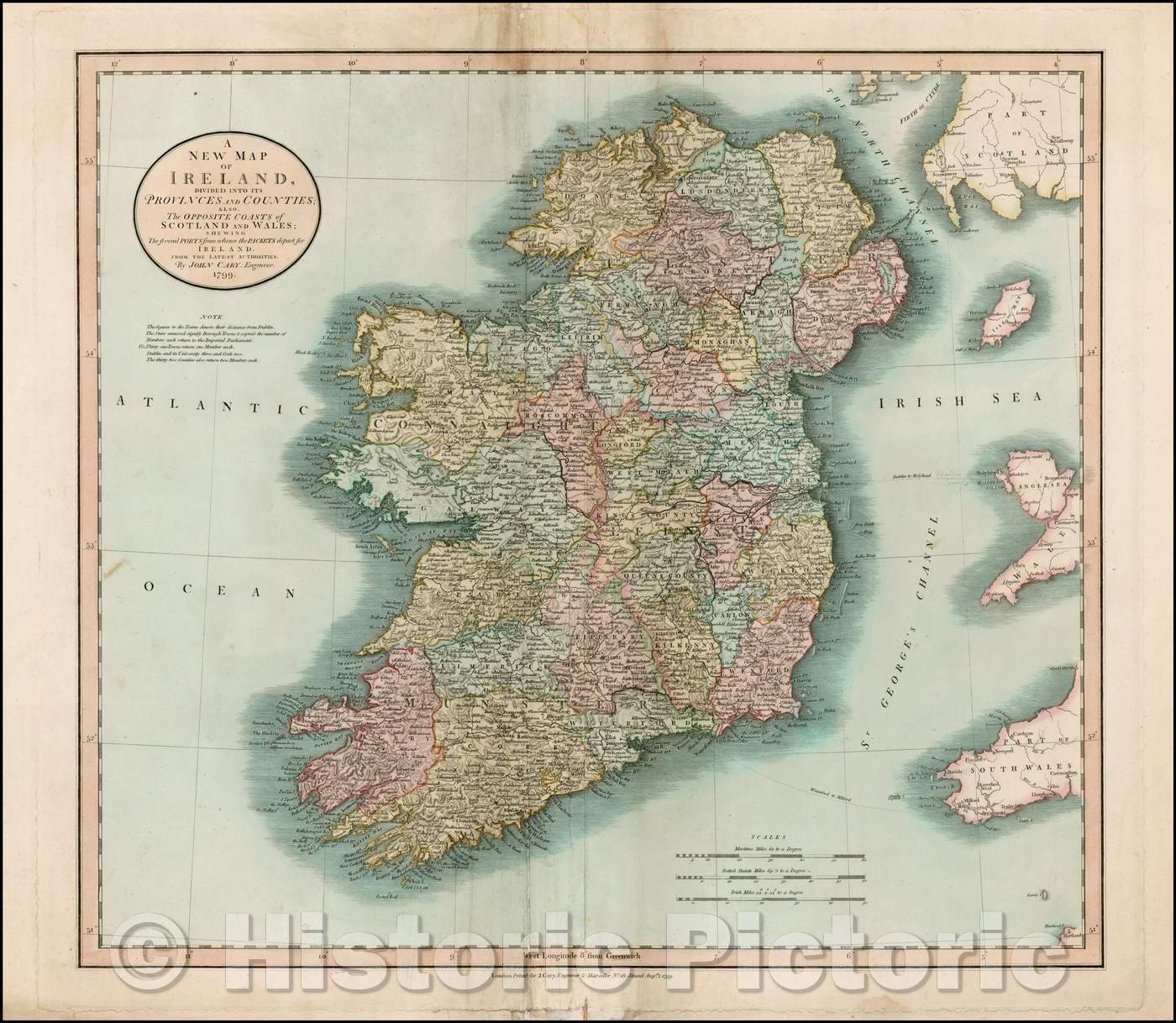 Historic Map - Ireland, Divided into its Provinces and Counties; Also the Opposite Coasts, 1799, John Cary - Vintage Wall Art