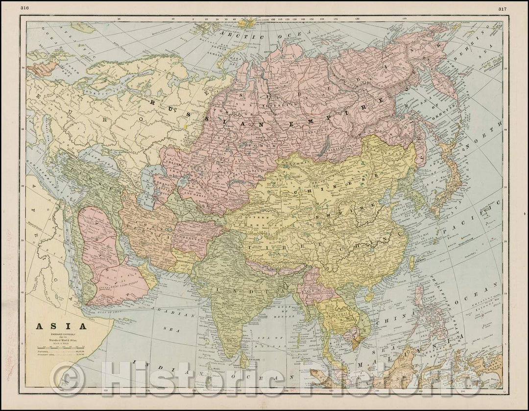 Historic Map - Asia, 1892, George F. Cram - Vintage Wall Art