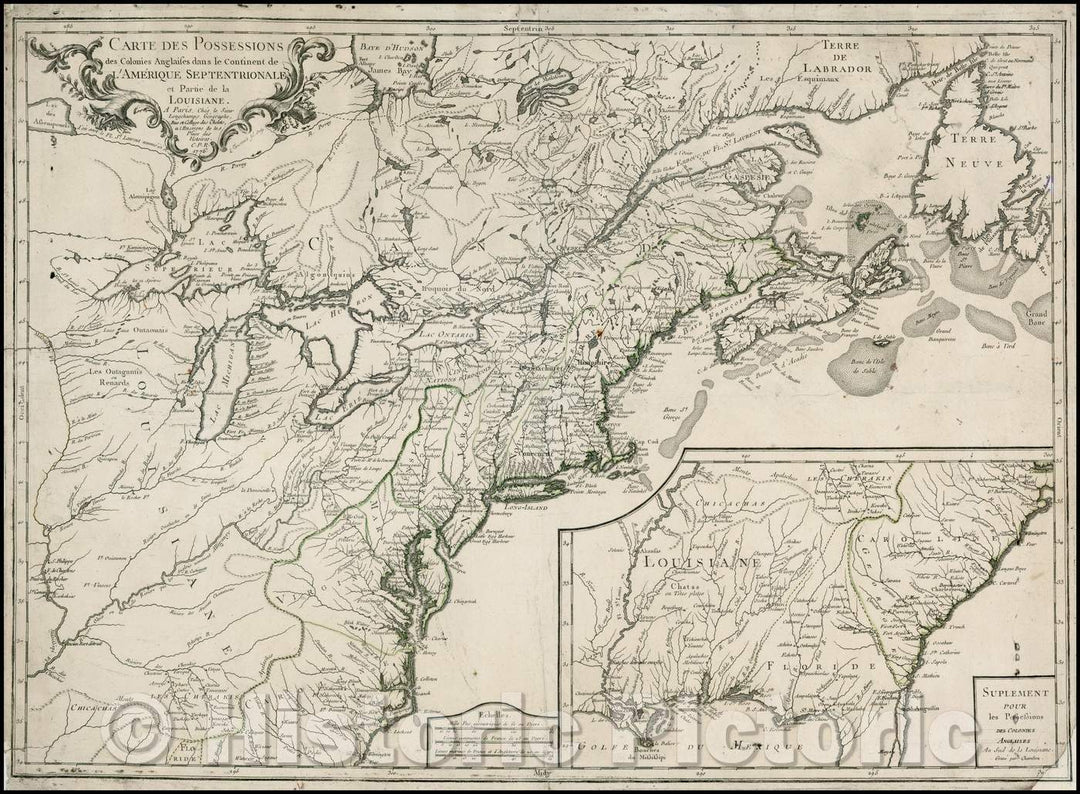 Historic Map - Carte Des Possessions des Colonies Anglaises dans le Continent/Map of Colonies in the New World east of the Misissippi River, 1776 - Vintage Wall Art