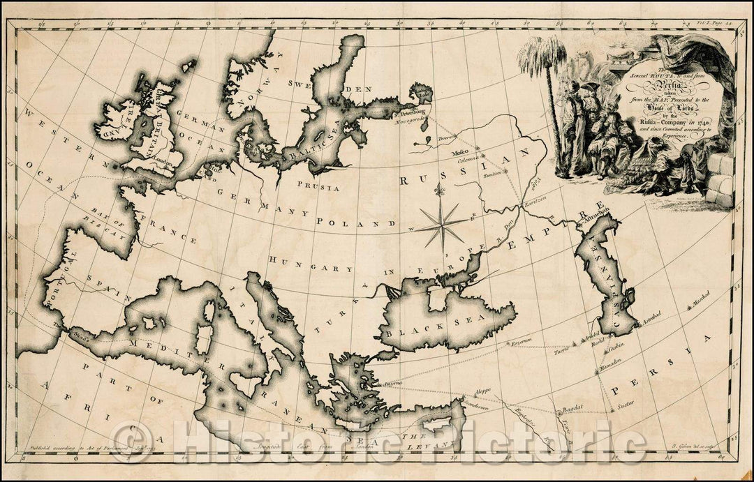 Historic Map - The Several Routs to and from Persia taken from the Map, Presented to the House of Lords, 1753, John Gibson - Vintage Wall Art