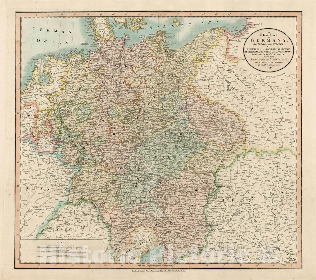 Historic Map - Germany, Divided Into Its Circles; viz. The Upper and Lower Rhine, Sabia, Austria, Bavaria, Upper and Lower Saxony, 1799, John Cary - Vintage Wall Art