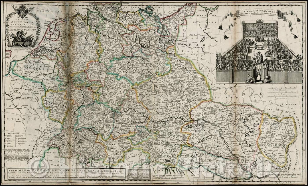 Historic Map - Germany, Hungary, Transilvania & the Suisse Cantons, with Many Remarks Not Extant in any Map, 1712, Herman Moll v1