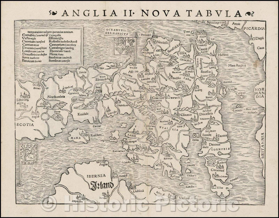 Historic Map - Anglia II Nova Tabula/Munster's Map of England, from the 1542 edition of Munster's Geographia, 1542, Sebastian M?nster - Vintage Wall Art