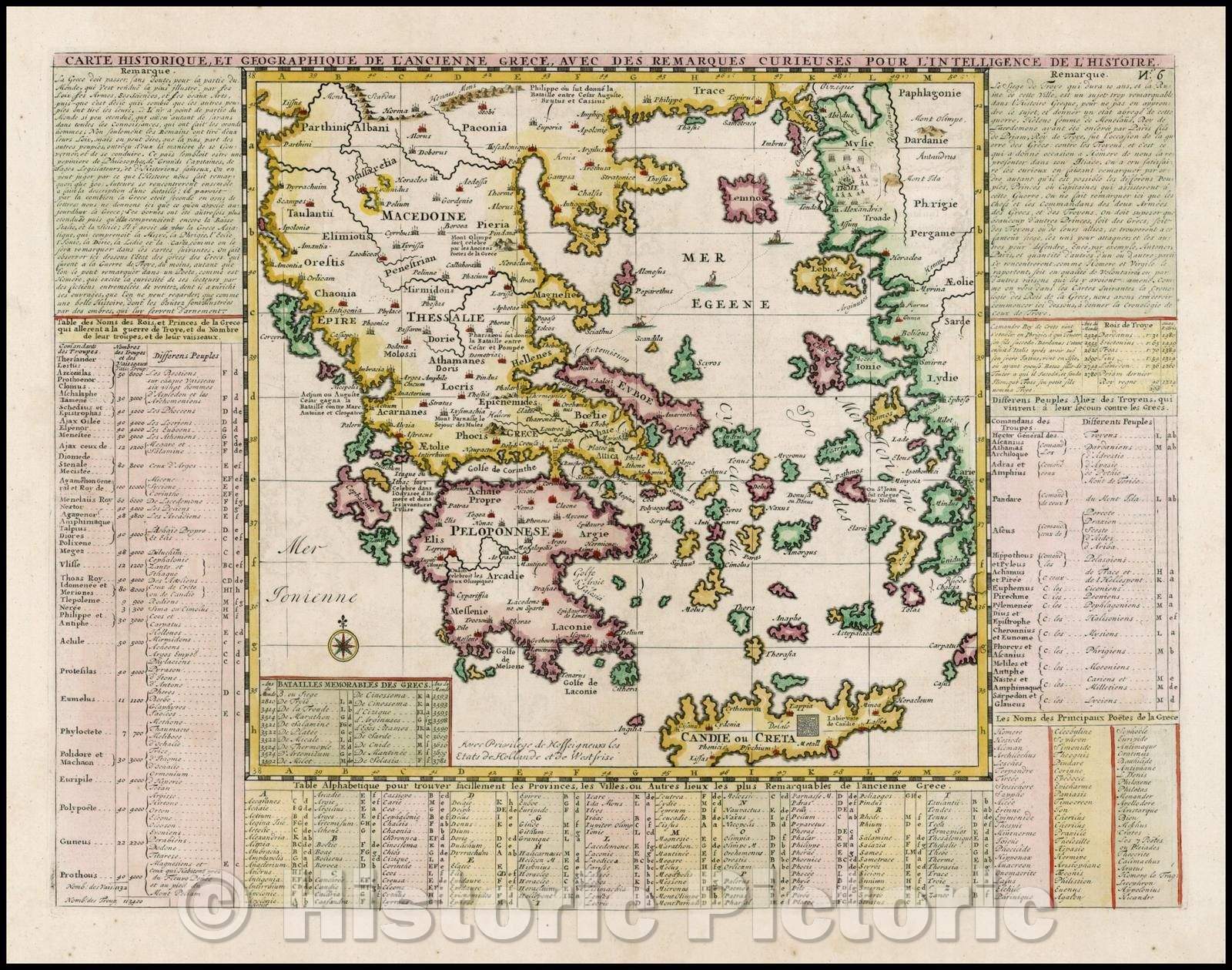 Historic Map - Carte Historique, et Geographique de l?Ancienne Grece, avec/Henri Chatelain's Map of Greece, 1719, Henri Chatelain - Vintage Wall Art